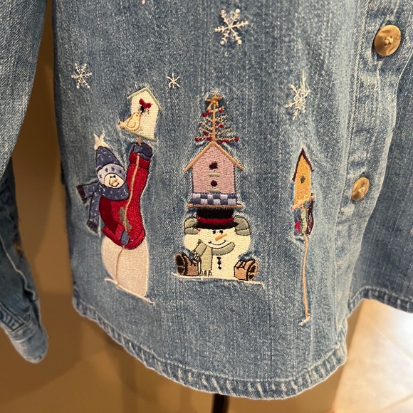 Vintage Christopher & Banks Embroidered Denim Snowman Button-up Shirt, Size Med - Picture 4 of 14